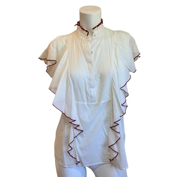 Valentine Gauthier Cream Blouse Burgundy Trim High Neck Short Sleeve sz 36=4 - Picture 1 of 7
